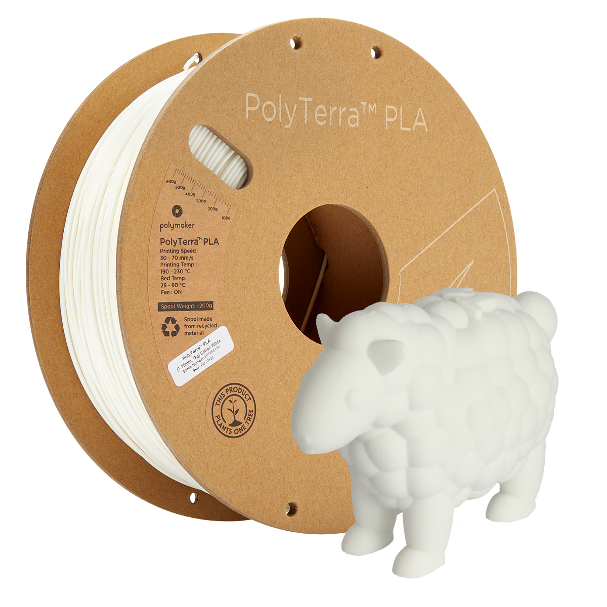Spool of PLA matte white filament, Polymaker, 1.75 mm
