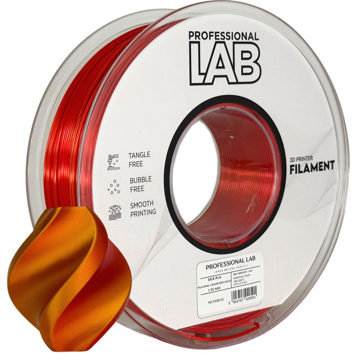 Spool of Silk PLA Dual Color red gold filament, Prof. Lab, 1.75 mm