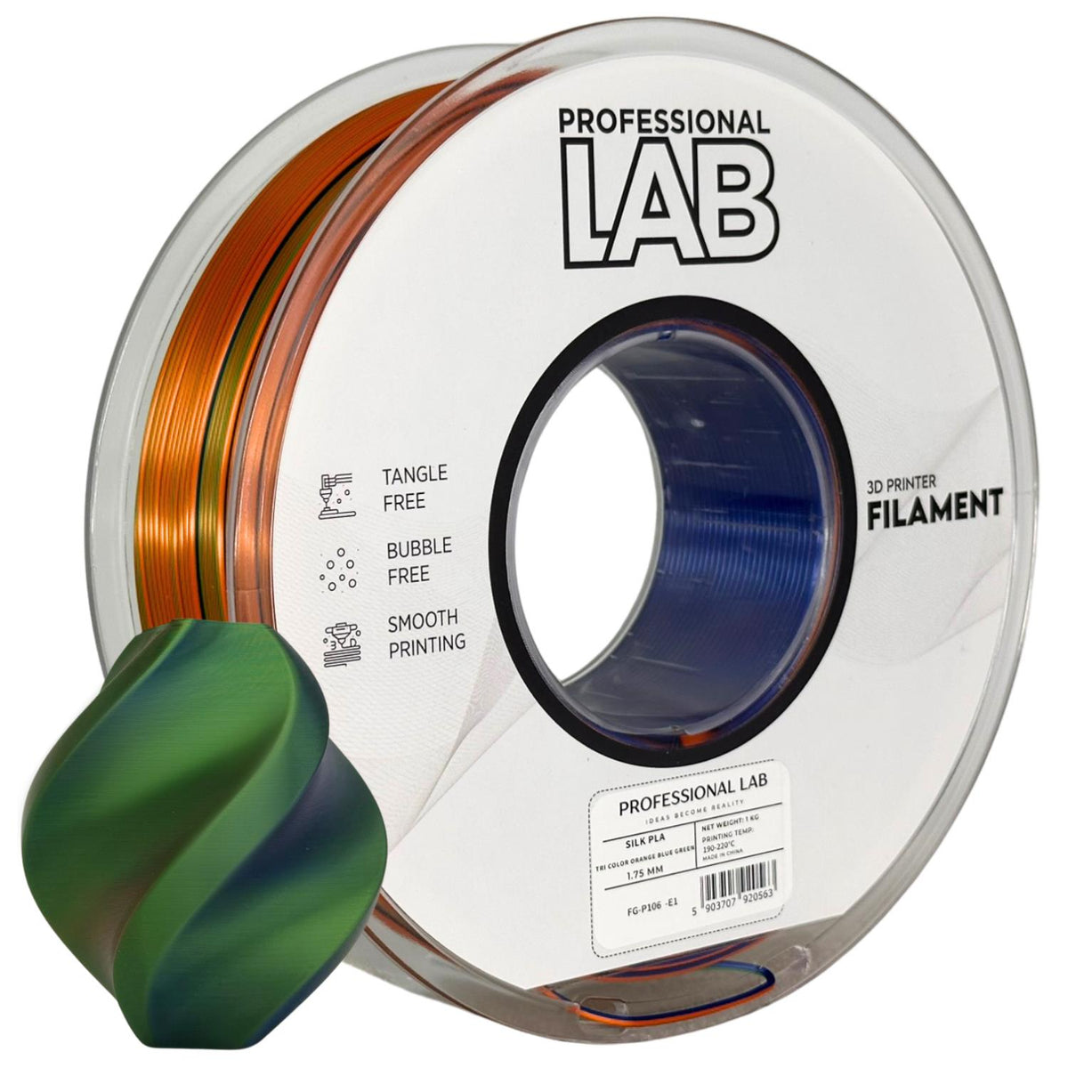 Bobine de filament Silk PLA Tri Color orange bleu vert, Prof. Lab, 1,75 mm