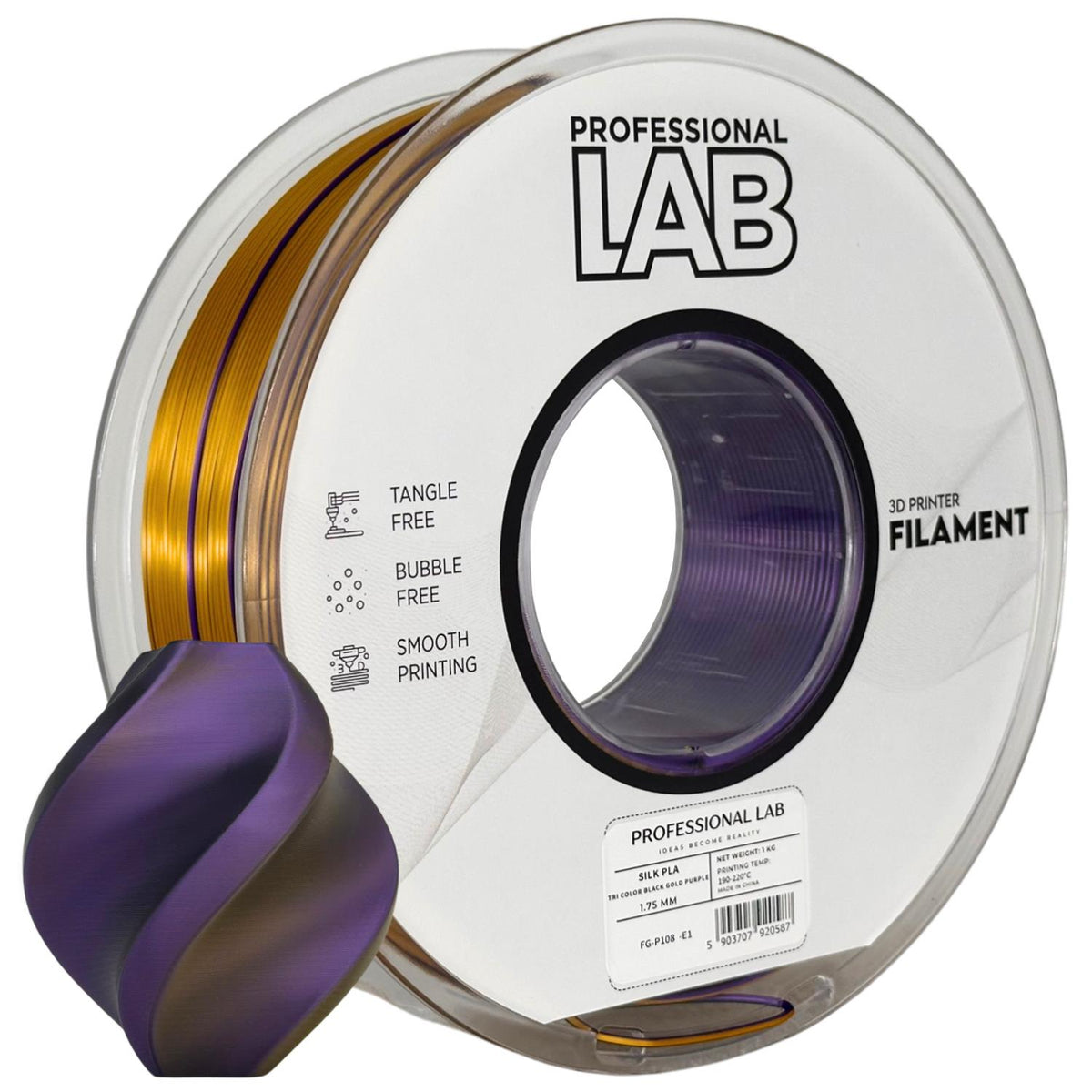 Bobine de filament Silk PLA Tri Color noir or violet, Prof. Lab, 1,75 mm