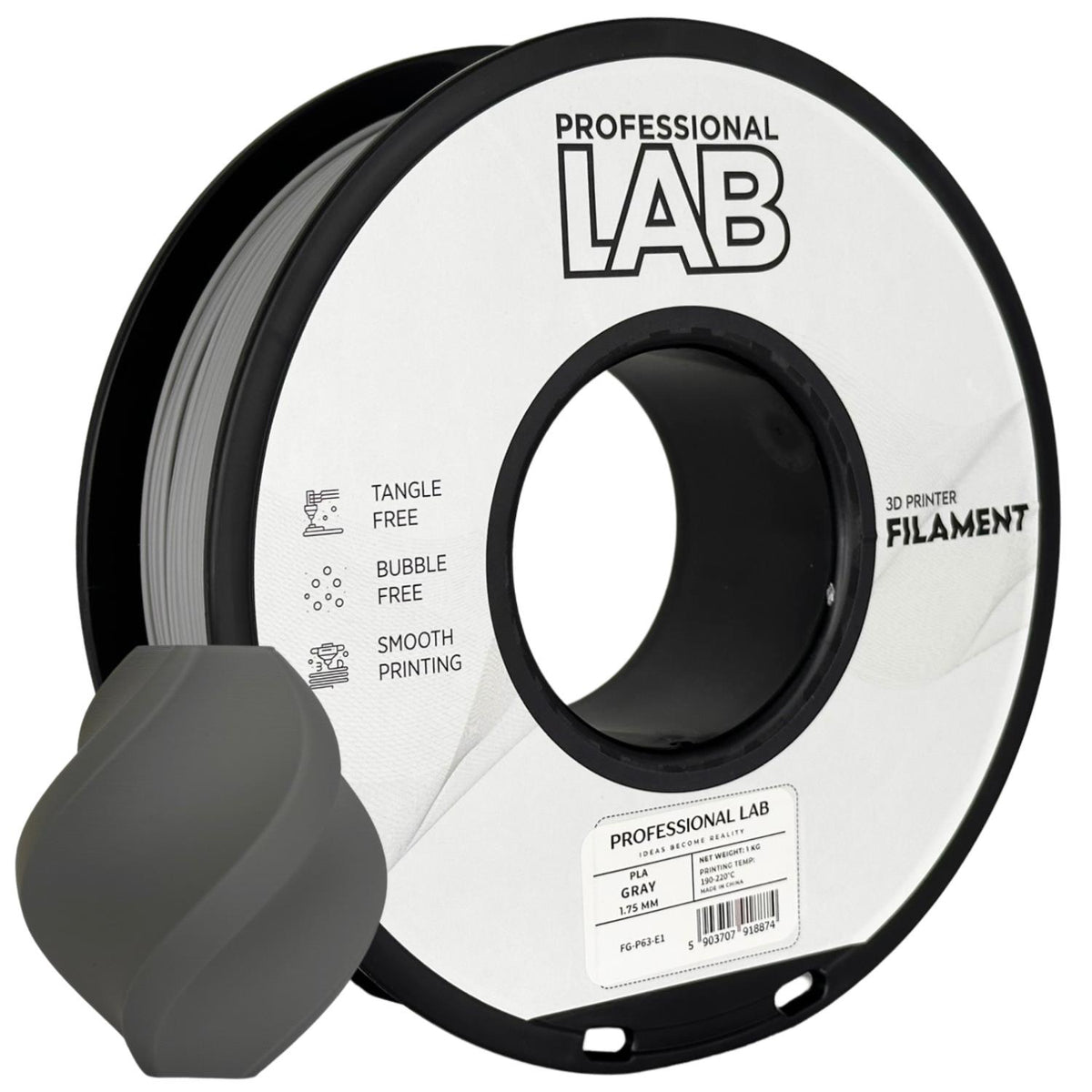 Bobine de filament PLA gris, Prof. Lab, 1,75 mm