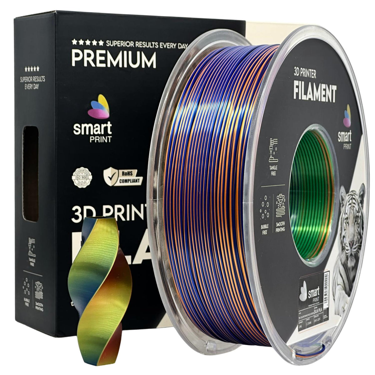 Spool of Silk PLA Tri Color orange blue green filament, Smart Print, 1.75 mm
